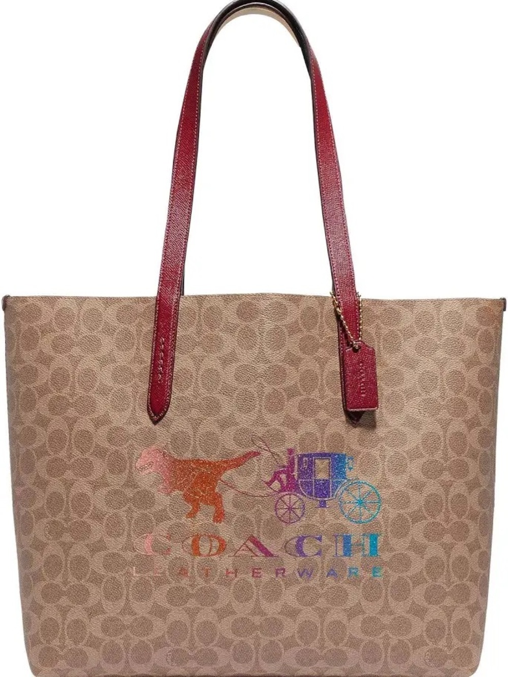 Coach Leather Signature Highline Tote with Rainbow Logo and Red Handles